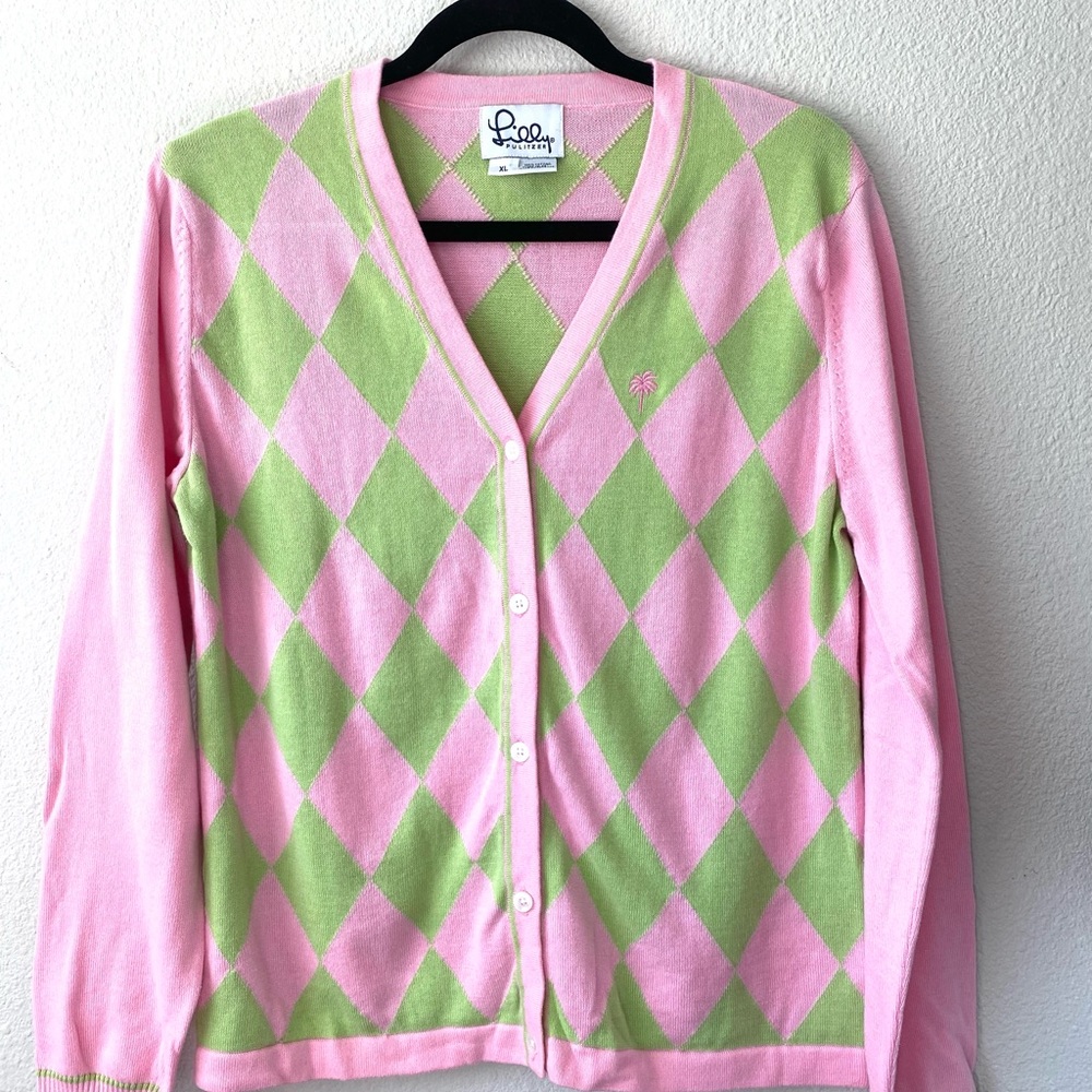 Lilly Pulitzer pink and green V-neck cardigan XL